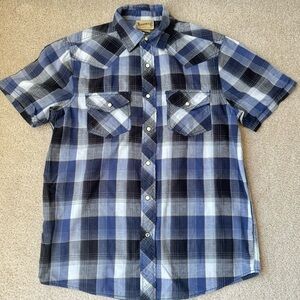 Roebuck & Co Men’s Western Shirt Short Sleeves Blue Plaid Pearl Snaps Small